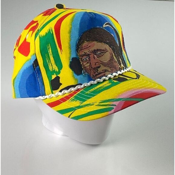 Vtg 80s Style Native American Rope Brim SnapBack Trucker Hat Yellow Multicolor - Picture 2 of 5